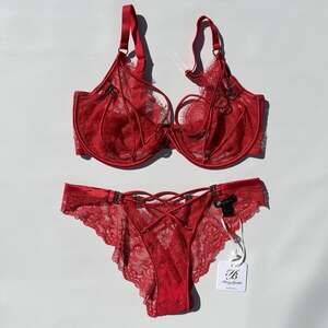 Honey Birdette Tessa Bra Panty Set 36H Large Red Lace Strappy Gold Underwire